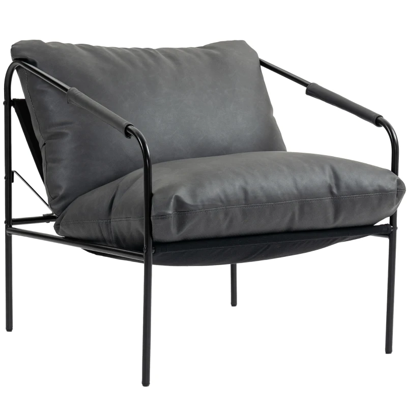 HOMCOM Fotoliu de Living din Piele PU și Cadru Metalic cu Perne Groase, 74,5x75x77 cm, Gri Cărbune