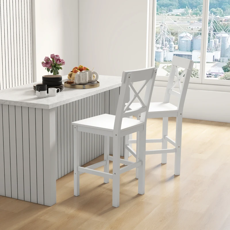 HOMCOM Lot de 2 chaises hautes, chaises de bar style campagne chic en bois hauteur 60 cm avec repose-pieds, blanc