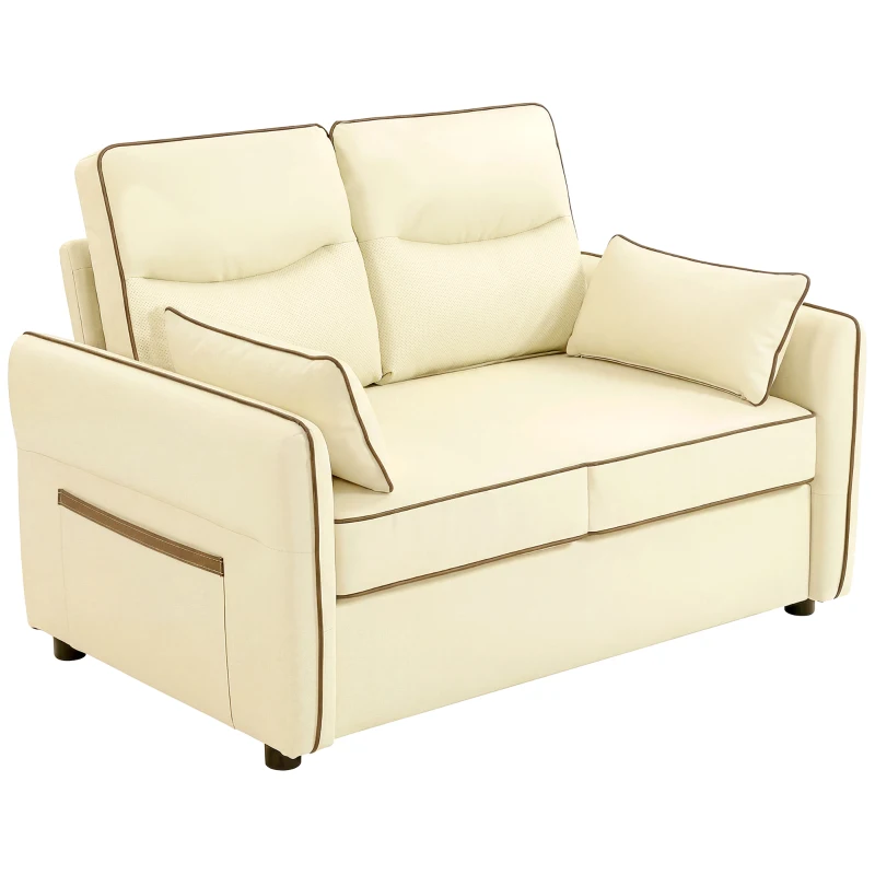 HOMCOM Canapea 2 Locuri din Piele Ecologică cu Umplutură Groasă, Buzunar Lateral și 2 Perne, 136x81x90 cm, Bej