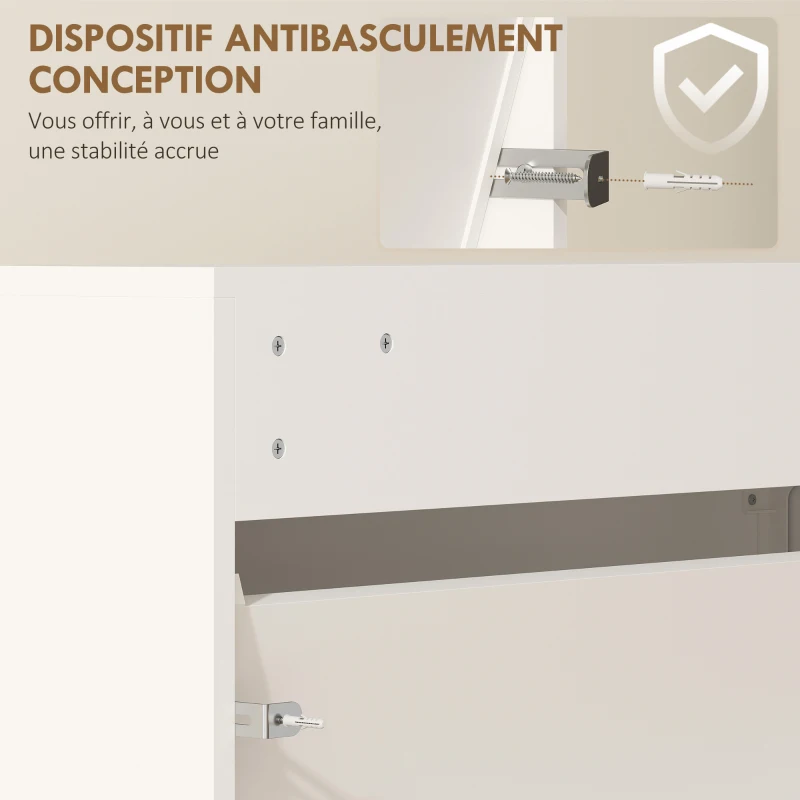 HOMCOM Meuble à chaussures 9 paires, armoire à chaussures étroite, 3 tiroirs rabattables et portes miroirs, 65x17x114,5cm blanc