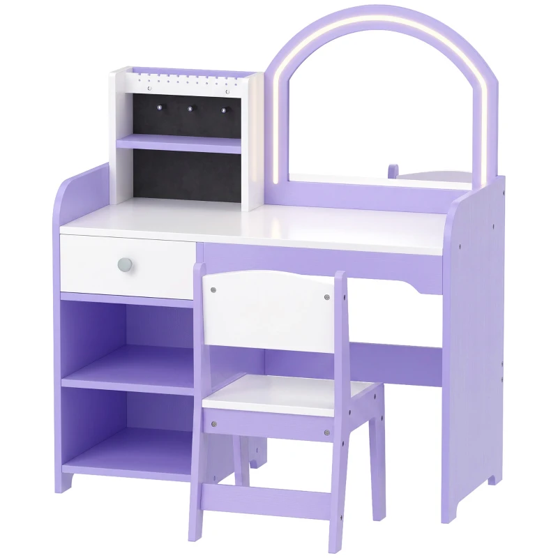 AIYAPLAY Tocador de Maquillaje Niña con Espejo de LED de 2 Colores Taburete 2 Soportes para Joyas Cajón 2 Compartimentos Morado