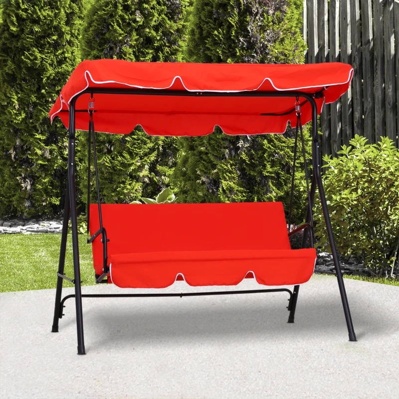 Outsunny Dondolo da giardino 3 posti con tetto e struttura in acciaio, Rosso