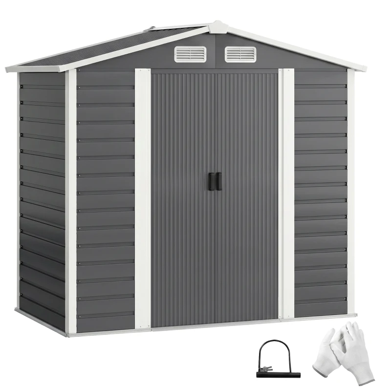 Outsunny Căsuță de Grădină din Metal cu Uși Glisante și Lacăt cu Chei, 2.1x1.2x1.9m, Gri Închis(m-11)