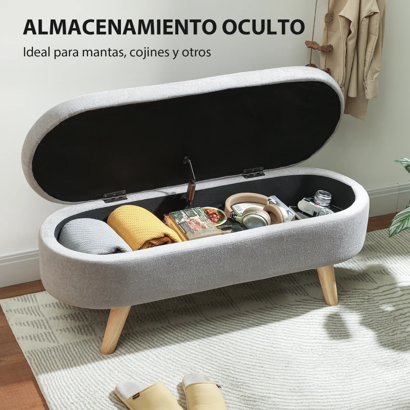 HOMCOM Puff Almacenaje Tapizado en Terciopelo de Teddy con Patas de Madera y Asiento Acolchado Gris Claro