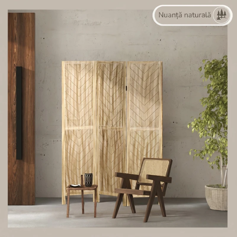 HOMCOM Paravan pliabil de interior cu 3 panouri în model os de pește din lemn, 120x1,6x170 cm