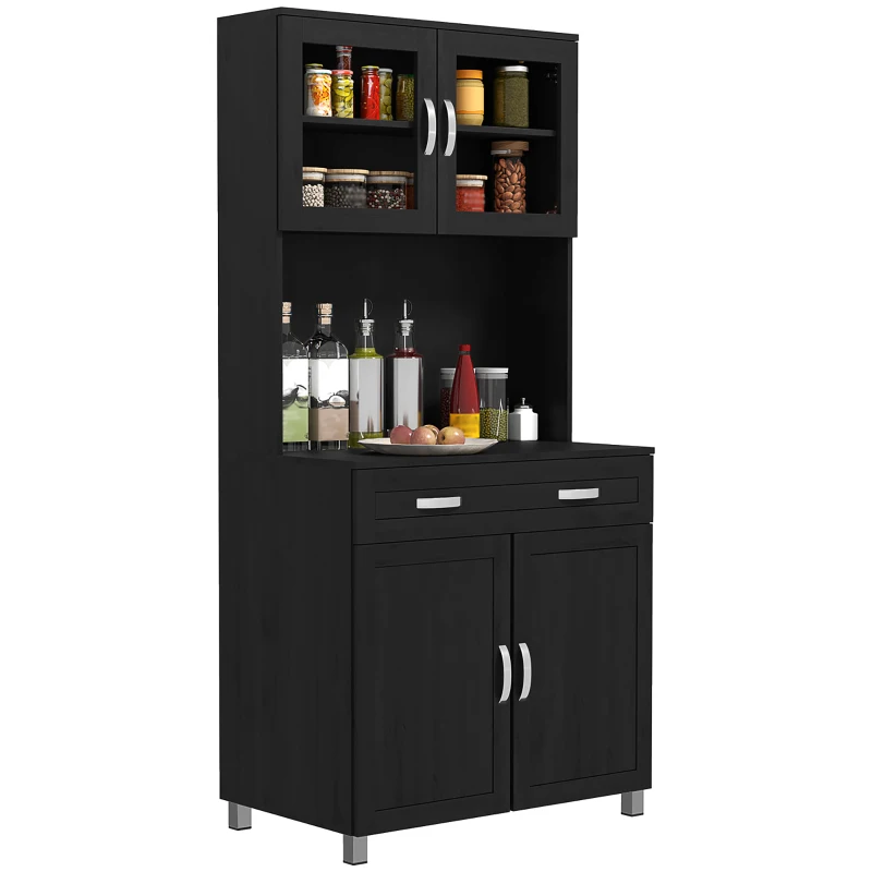 HOMCOM Buffet haut cuisine, armoire de cuisine avec 4 portes, tiroir, plan de travail, étagères réglables, 80x48x170cm, noir