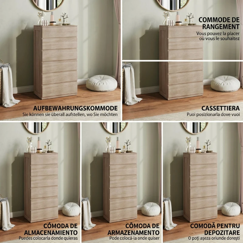 HOMCOM Comodă cu 5 Sertare din Lemn cu Ghidaje Metalice și Mânere Canelate, 60x39x100 cm, Lemn Natural