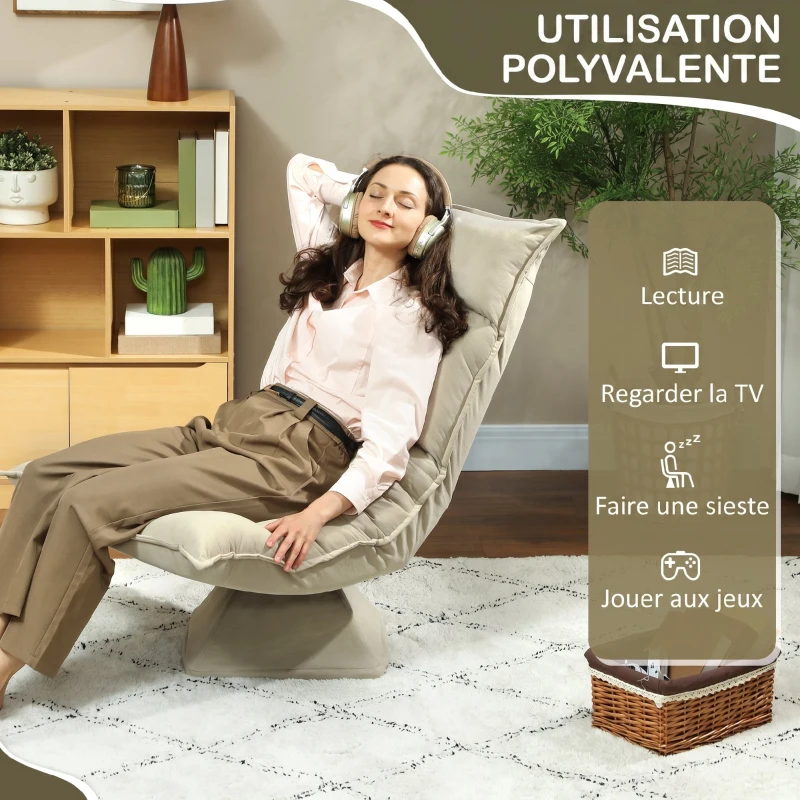 HOMCOM Chaise de sol pivotante à 360°, fauteuil pliable en velours avec dossier réglable 5 positions, 70x62x95cm, beige
