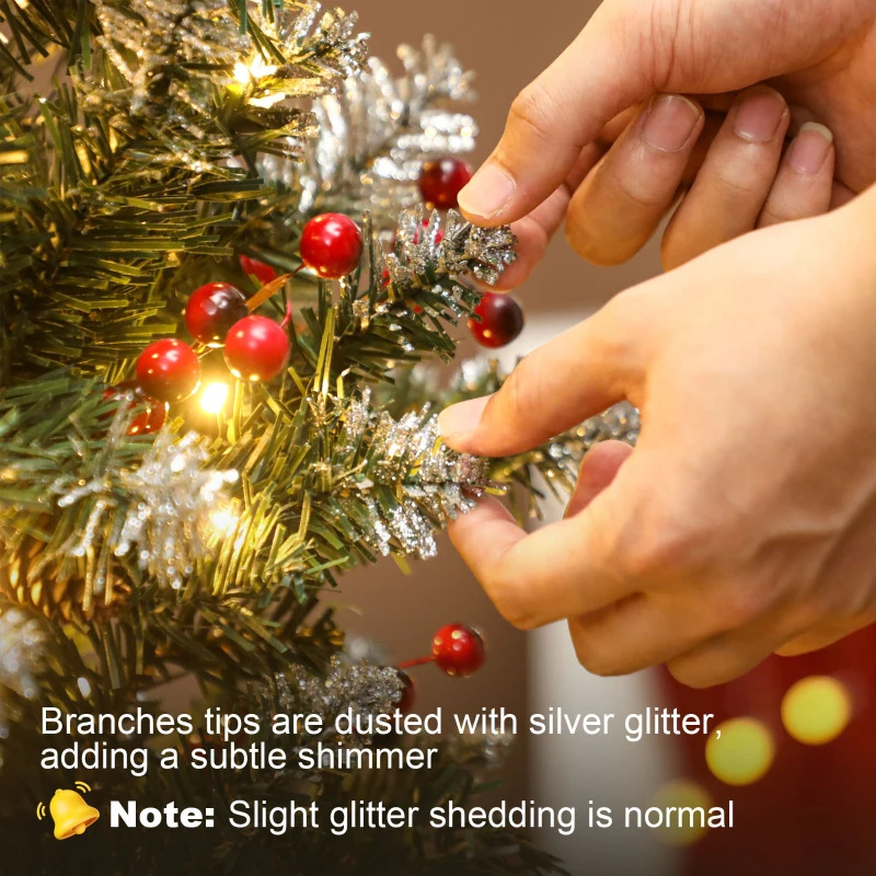 HOMCOM Árbol de Navidad Estrecho 210 cm con Luces LED 8 Modos de Iluminación Ramas con Purpurina Plateada Piñas Bayas Verde