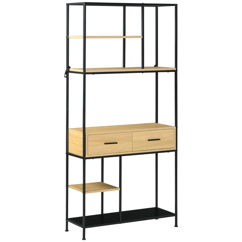 HOMCOM Estante Industrial de 5 Níveis Estante para Livros com 2 Gavetas e Estrutura de Metal 80x30x170,5 cm Madeira e Preto