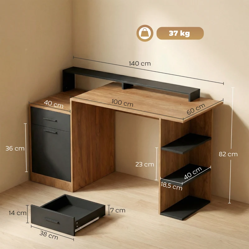 HOMCOM Computertisch mit Stauraum und Regalen, Moderner Schreibtisch für Büro und Arbeitszimmer, 140 cm, Eiche