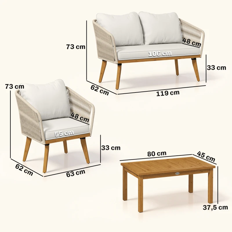 Outsunny Salon de Jardin 4 Pièces, Ensemble en Corde Tressée avec Structure en Acier et Bois d'Acacia, Coussins, Blanc Crème