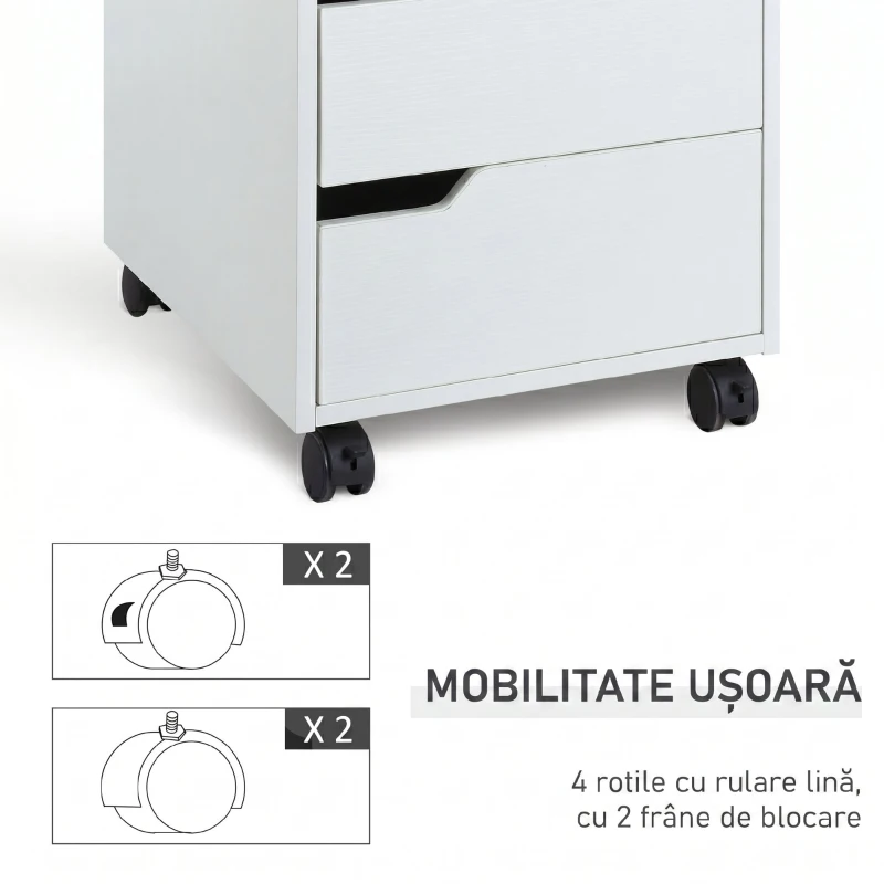 HOMCOM Comodă de birou cu 3 sertare și mânere ascunse, din lemn și metal, 40x50x57.5 cm, alb