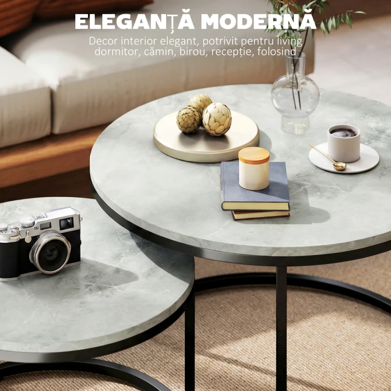 HOMCOM Set 2 măsuțe de cafea moderne, suprapuse, rotunde, gri marmorat