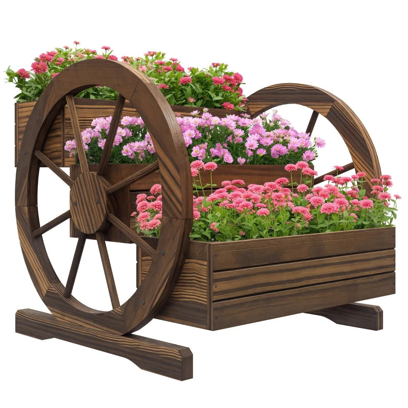 Outsunny Jardinière sur Pieds carré Potager 3 étages Style Rustique avec 2 roues Charrette trous de drainage, 62x61x57cm marron