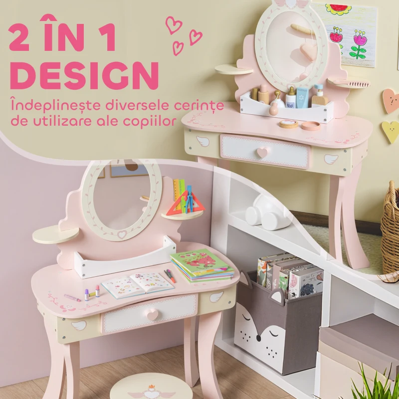 AIYAPLAY Set Măsuță de Toaletă cu Oglindă și Scăunel din Lemn 2 în 1 pentru Copii cu 7 Accesorii Incluse, Roz