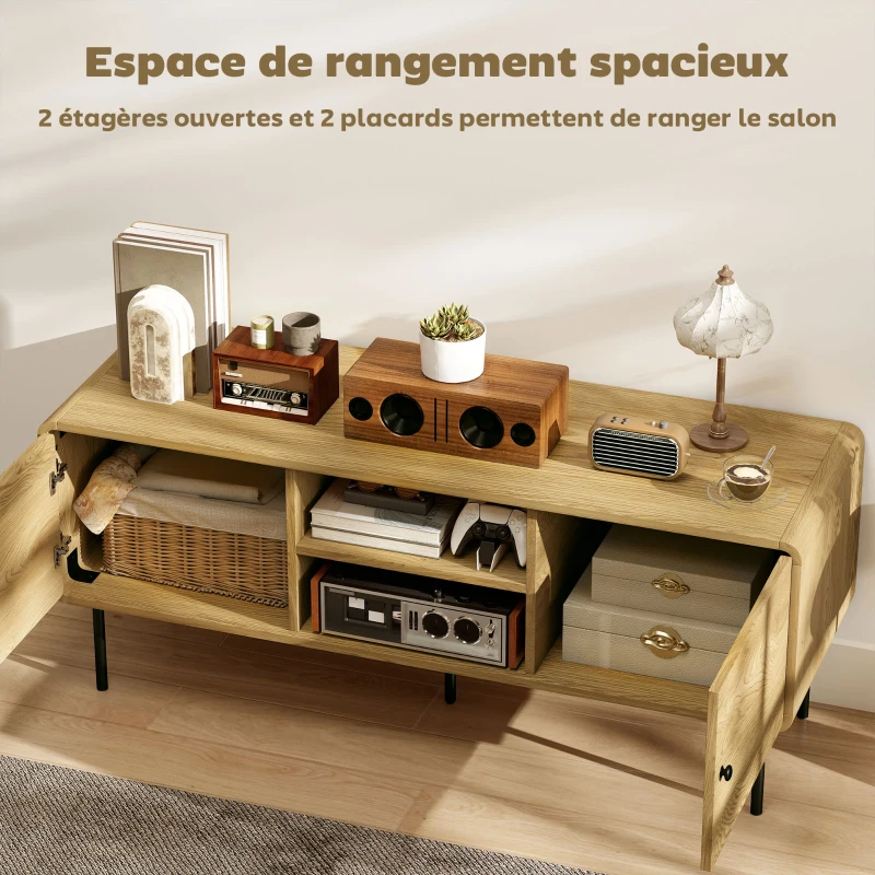 HOMCOM Meuble TV, meuble télé jusqu'à 55 pouces avec 2 portes, 2 compartiments ouverts, pieds en acier, 120x40x50cm, chêne
