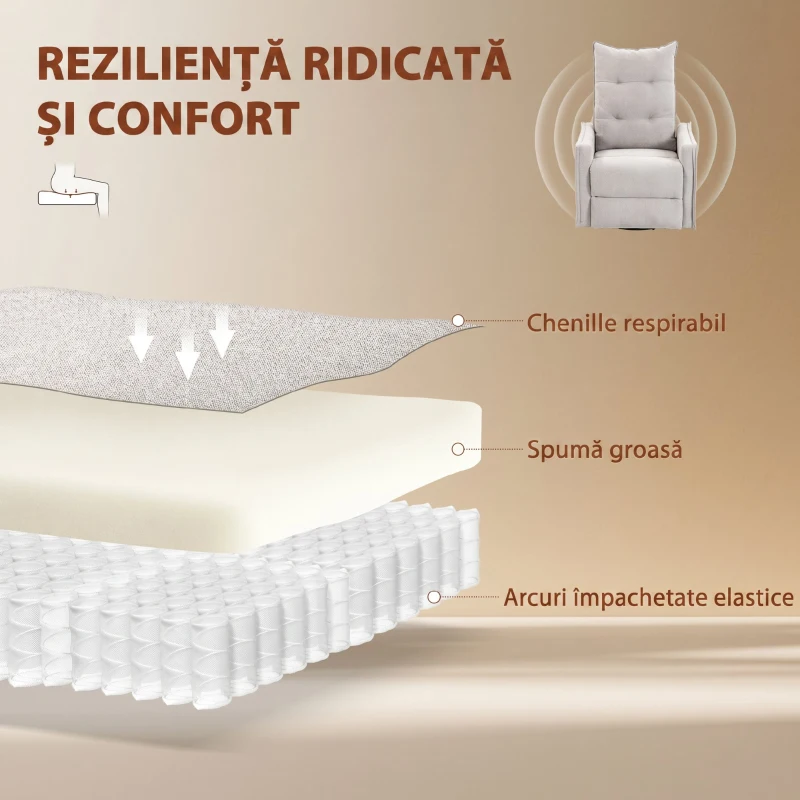 HOMCOM Fotoliu Masaj Reclinabil cu Încălzire Rotativ din Chenille cu Suport pentru Picioare și Telecomandă, Gri Deschis