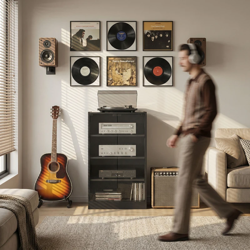 HOMCOM 4-Tier Hi-Fi Stand,  Record Player Stand with Adjustable Shelves and Push-to-Open Glass Doors, Black Wood-Effect