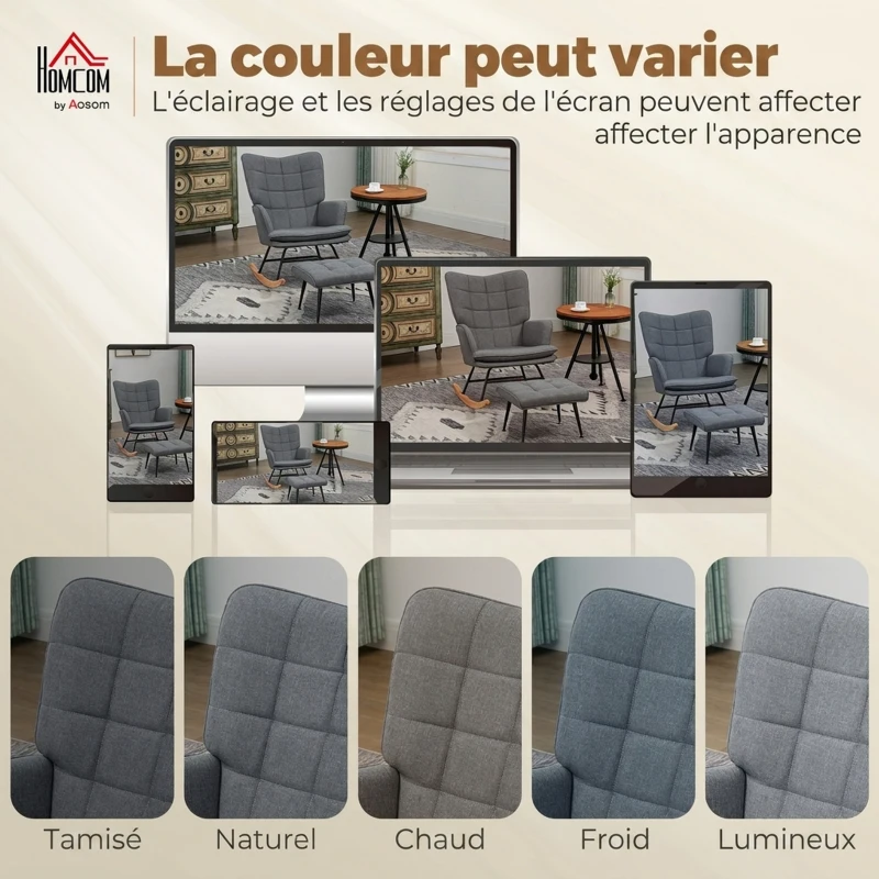 HOMCOM Fauteuil à bascule avec repose-pieds, rocking chair, assise large, dossier haut, coussin inclus, 64 x 89 x 90 cm, gris