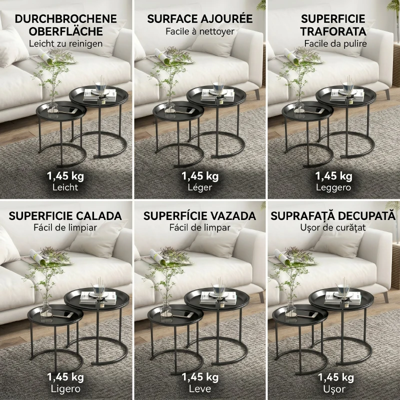 HOMCOM Set 2 Măsuțe de Cafea Suprapozabile Rotunde cu Tăvi Detașabile din Oțel, Negru