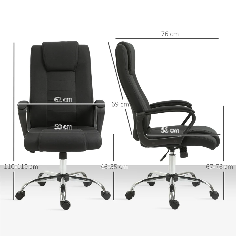 Vinsetto Scaun de Birou Ergonomic, Basculant și Căptușit, cu Înălțime Reglabilă, 62 x 76 x 110-119 cm, Negru