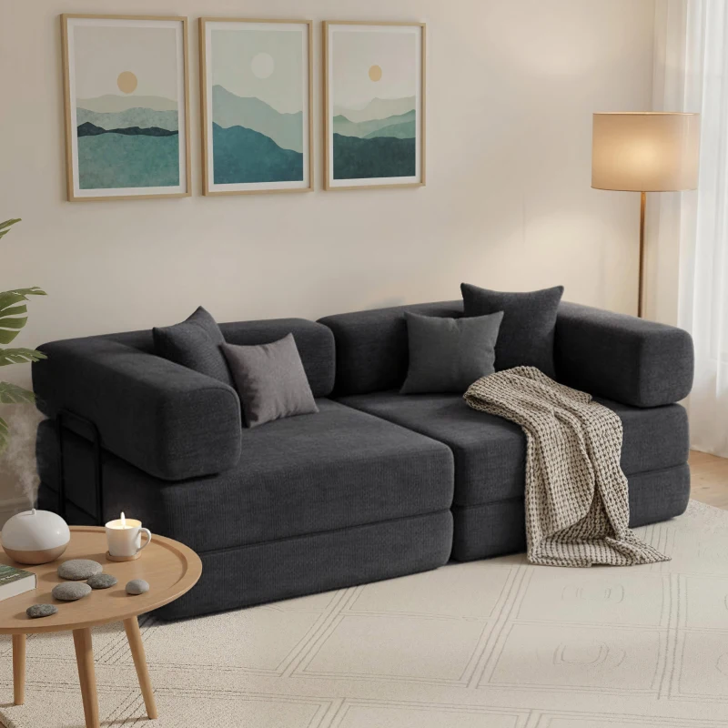 HOMCOM Sofá Cama de 2 Lugares Dobrável Estofado em Chenilla com 2 Almofadas Braços Largos Acolchoamento Grosso  Cinzento Escuro