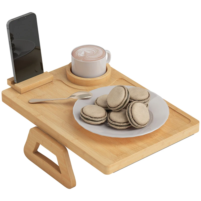 HOMCOM Bandeja de Brazo para Sofá de Bambú Plegable y Flexible con Portavasos Extraíble y Soporte Giratorio para Teléfono