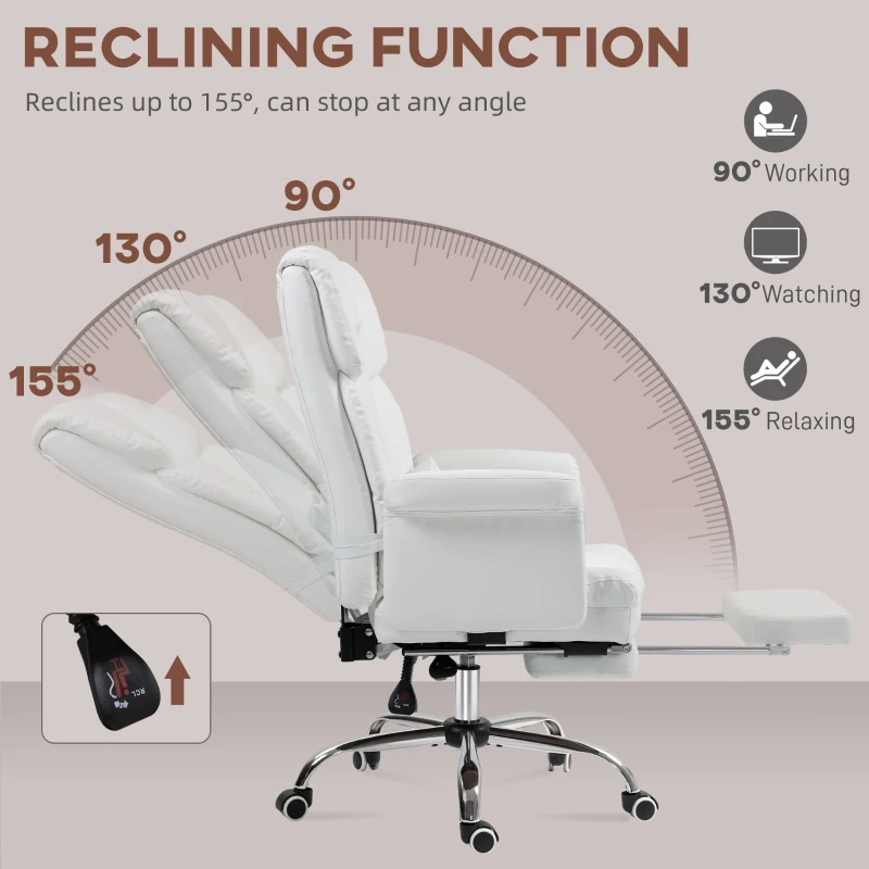 HOMCOM Ergonomic Office Chair, height-adjustable 48-56 cm, reclining backrest, footrest, White