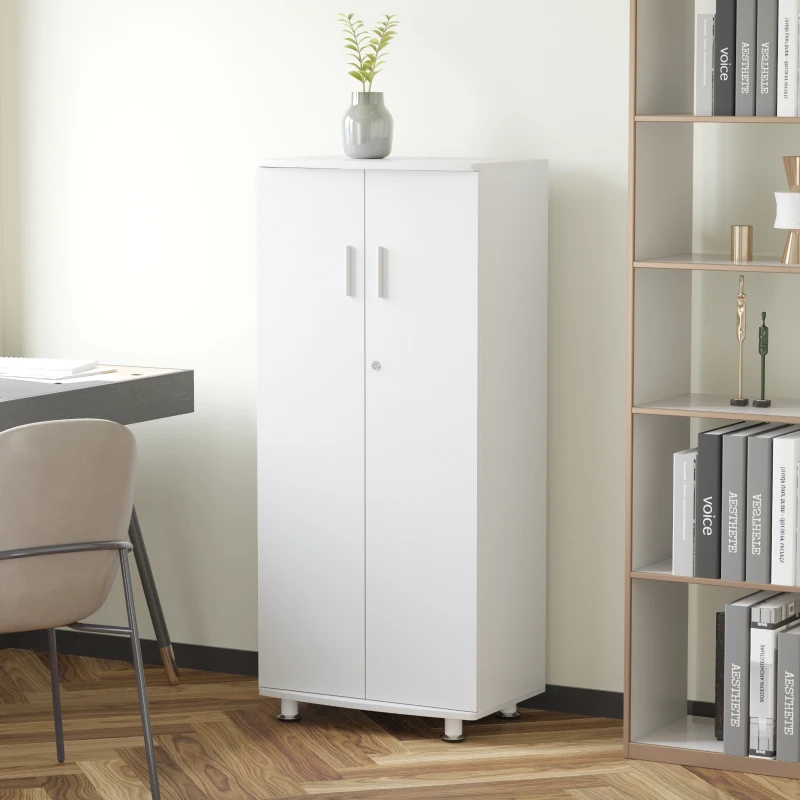 HOMCOM Librería Estantería con 2 Puertas para Libros CDs DVDs con 3 Estantes Interiores y Cerradura Alacena de Cocina para Hogar Oficina Dormitorio 55x36,5x125,5 cm Blanco