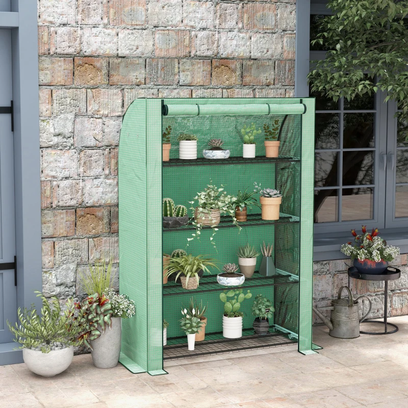 Outsunny 4 Tier Mini Greenhouse with Reinforced PE Cover, Portable Indoor Outdoor Green House with Roll-up Door and Wire Shelves, 170H x 120W x 50Dcm, Green