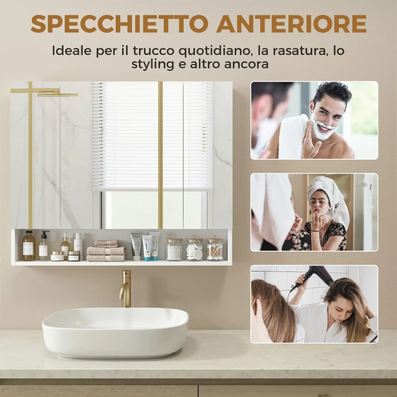 kleankin Specchiera Bagno con Armadietto 3 Ante Soft Close e Ripiani Regolabili, 90x15x75 cm, Bianco