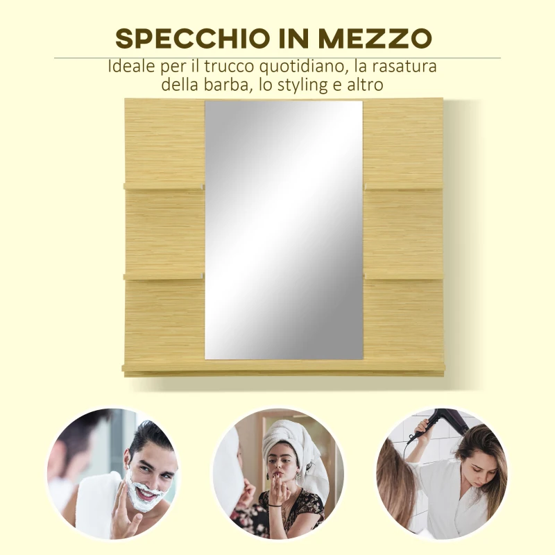 kleankin Specchio da Parete Rettangolare per Bagno con 4 Ripiani Laterali e Ampio Ripiano Inferiore, in MDF e Vetro, 80x12.5x70cm