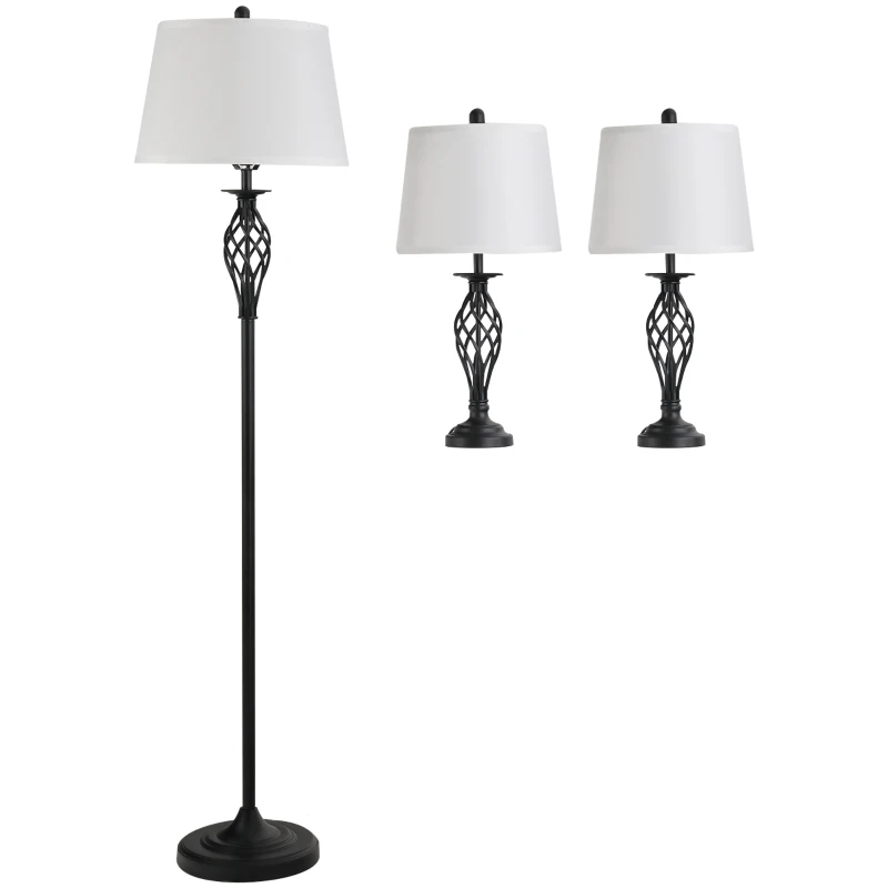 HOMCOM Juego de 2 Lámparas de Mesa y Lámpara de Pie con Pantalla de Tela E27 Máx. 40W Ø38x158 cm y Ø30x62 cm Blanco