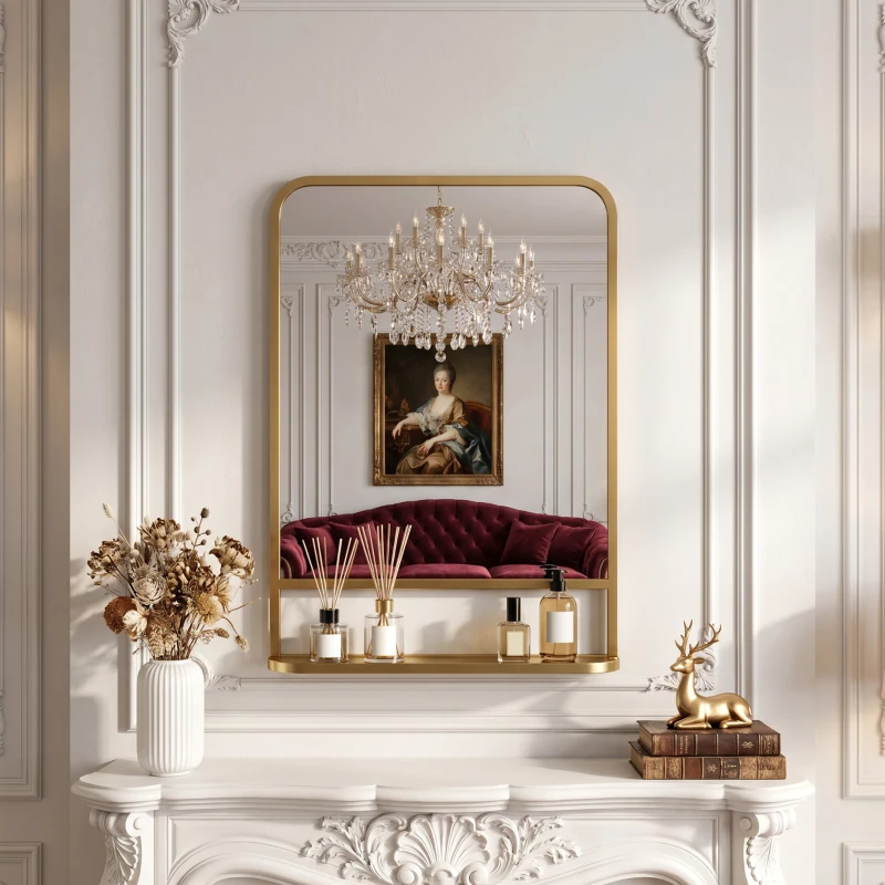 HOMCOM Modern Rectangular Wall Mirror with Storage Shelf, 70 x 50 cm, Gold Tone