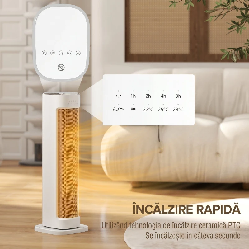 HOMCOM Radiator Ceramic 2000W cu 3 Temperaturi Reglabile, Timer 15 Ore, Telecomandă, Alb