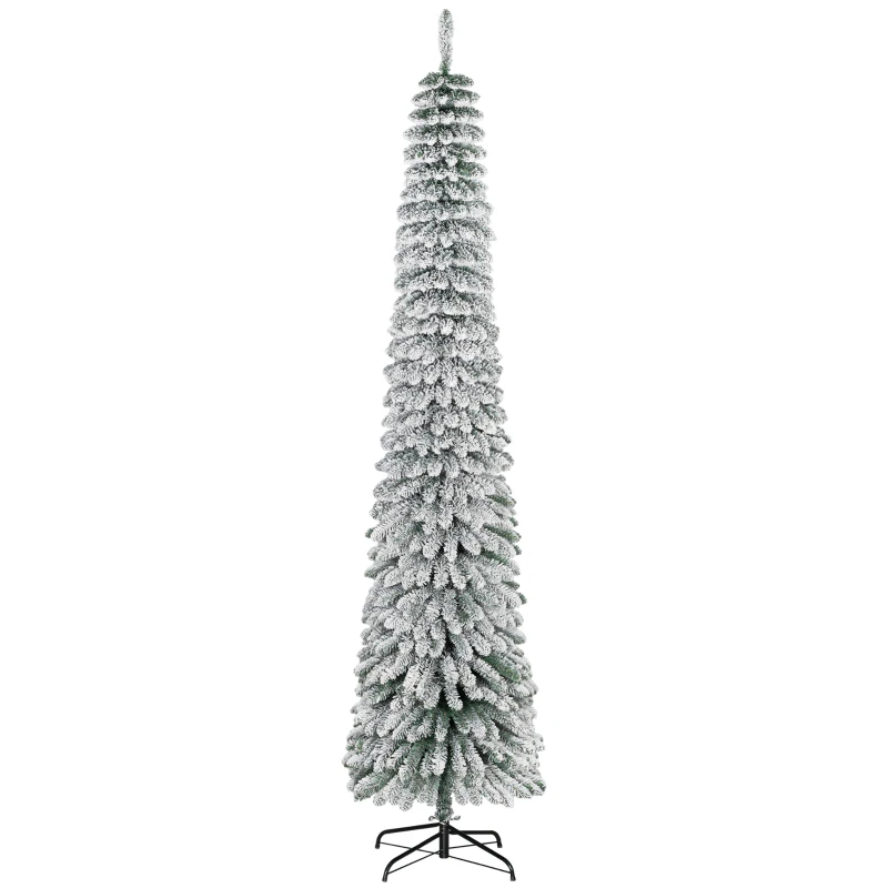 HOMCOM Árvore de Natal Estreita Nevada 240 cm com 603 Ramos e Suporte Metálico Dobrável para Sala de Estar, Interior, Verde