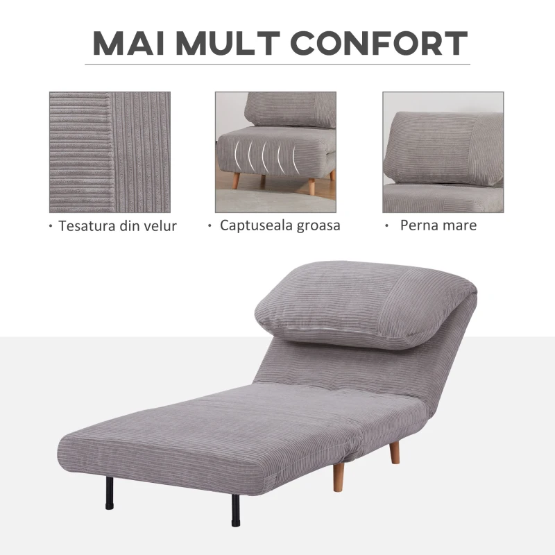 HOMCOM Fotoliu Pat Reclinabil 2 în 1 cu Șezut Extra-Large, Efect Catifea, Gri