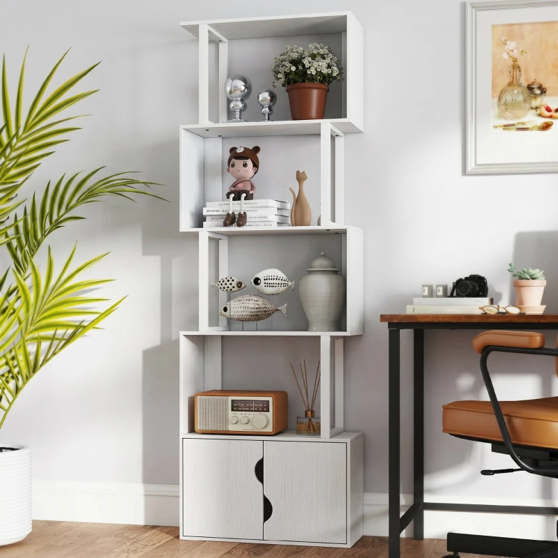 HOMCOM Bibliotecă modernă cu 5 rafturi și dulap cu 2 uși din lemn, 60x23.8x179.2 cm, alb