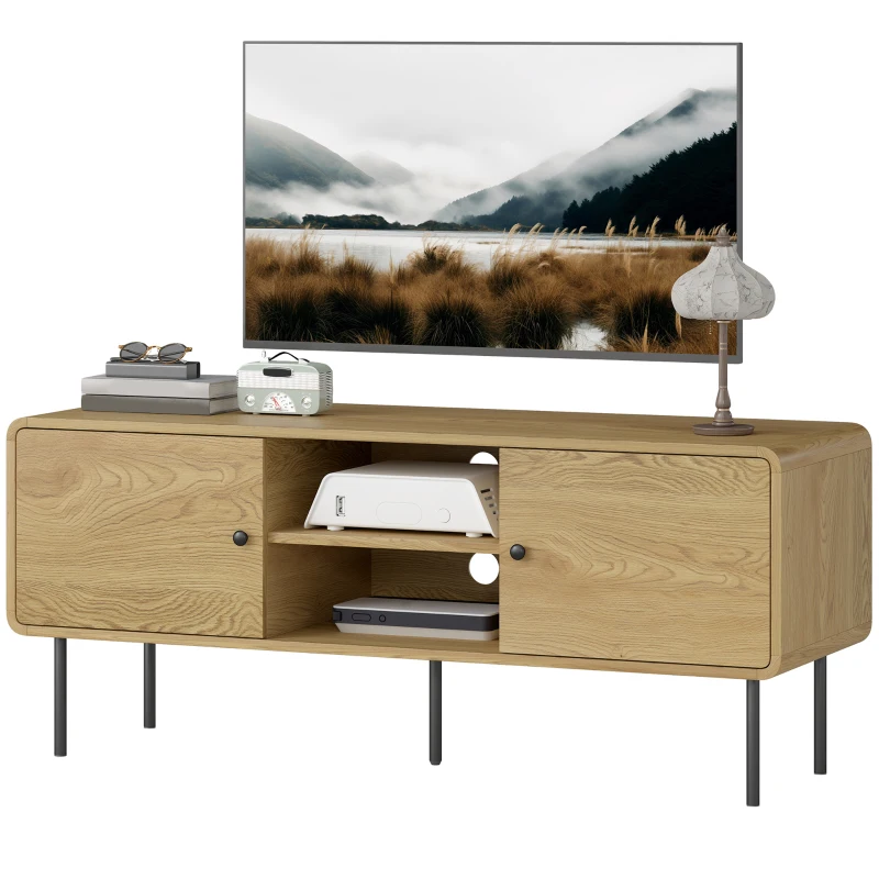 HOMCOM Meuble TV, meuble télé jusqu'à 55 pouces avec 2 portes, 2 compartiments ouverts, pieds en acier, 120x40x50cm, chêne