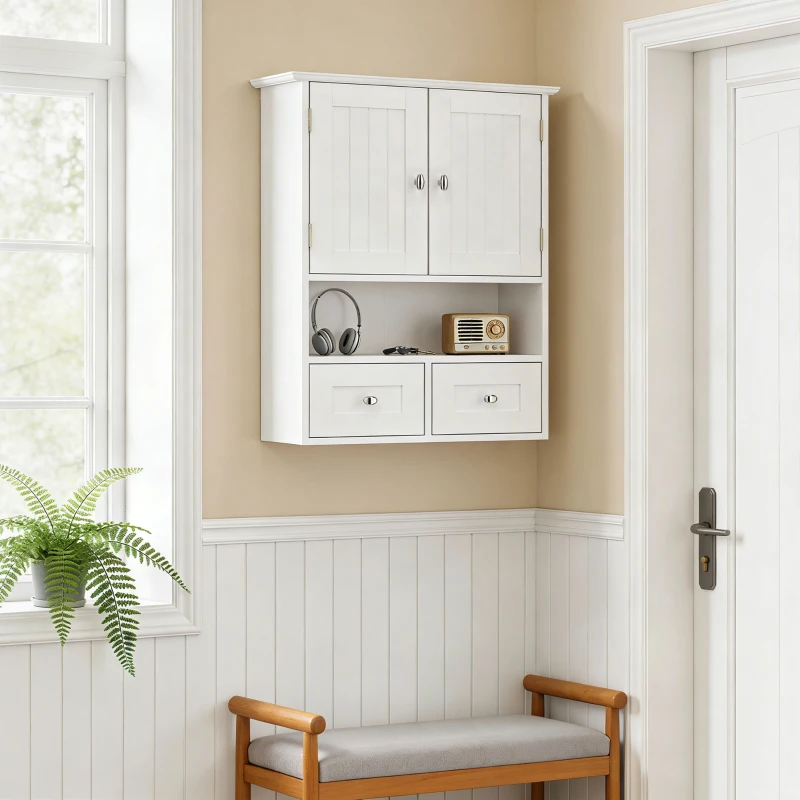 kleankin Armário de Parede para Casa de Banho com 2 Portas Prateleira Aberta e 2 Gavetas Estilo Moderno 50,8x17,8x66 cm Branco