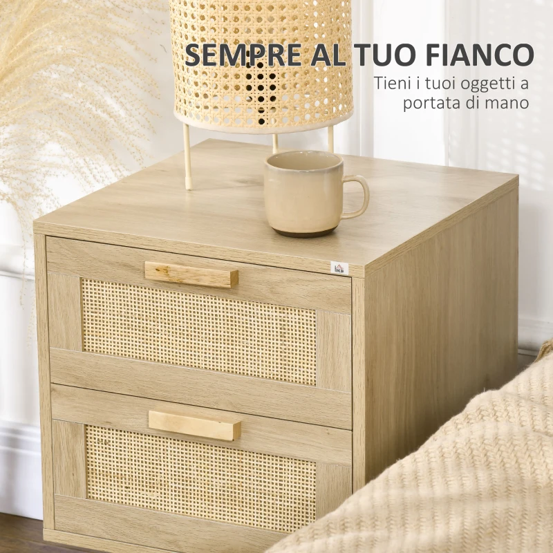 HOMCOM Comodino per Camera da Letto con 2 Cassetti in Stile Boho, 40x40x56cm, Colore Legno Naturale