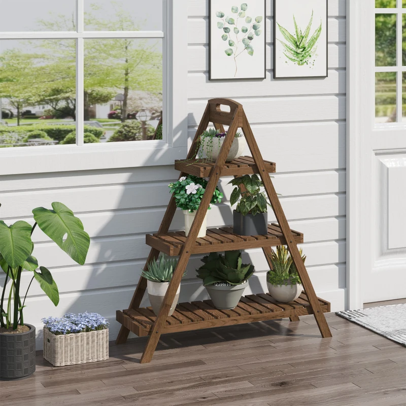 Outsunny Scaffale Porta Vasi a Piramide, Piedistallo per Piante/Fiori, con 3 Ripiani, 86x28x100cm Marrone