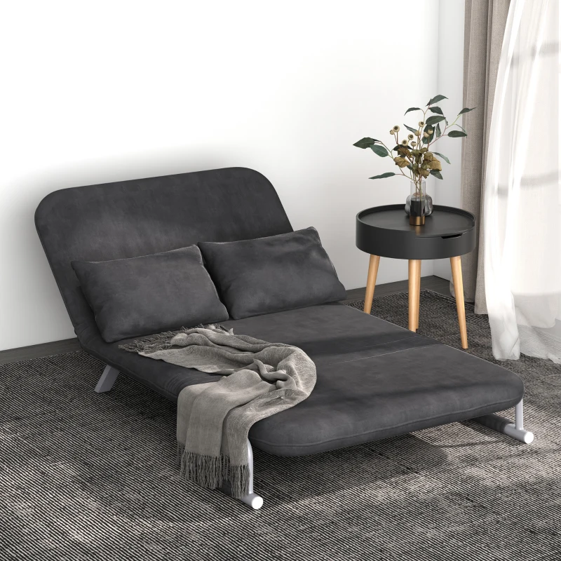 HOMCOM 3 in 1 Schlafsofa 185x105cm Schlafcouch mit 5-stufig Verstellbarer Rückenlehne, Wurfkissen, 2 Sitzer Sofa mit Schlaffunktion, Samtoptik, Chaiselounge für Wohnzimmer, Schlafzimmer, Grau