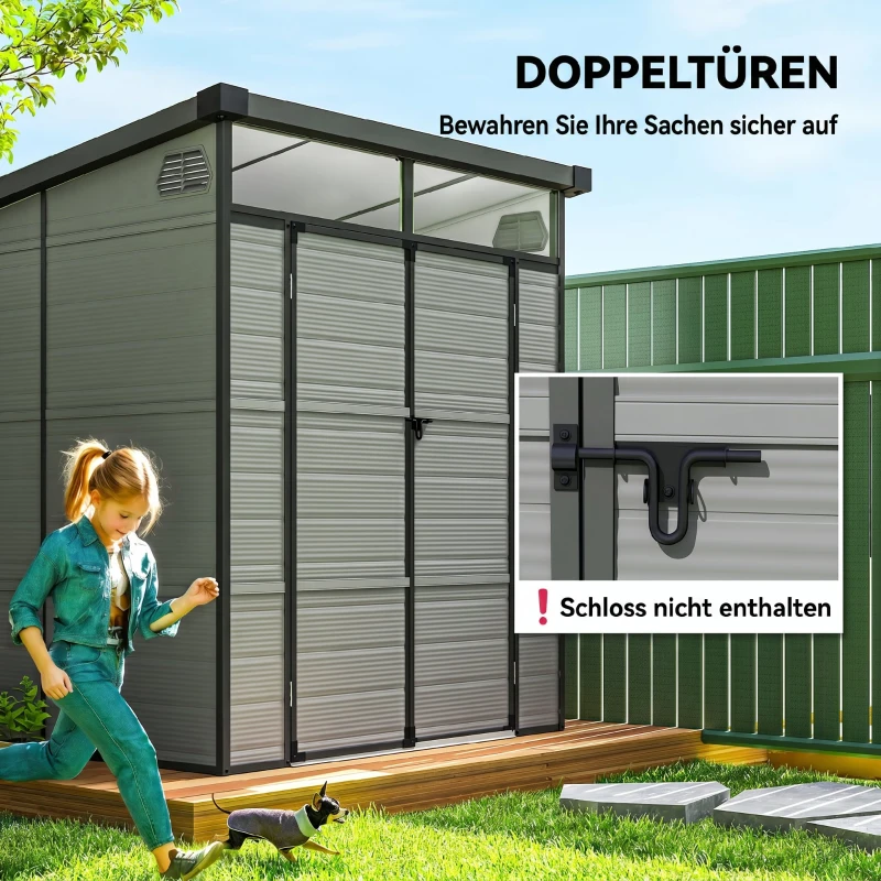 Outsunny Căsuță de Grădină din Plastic pentru Unelte cu Ferestre, Orificii de Aerisire și Încuietoare, 1.9x1.9 m, Gri Deschis(m-11)
