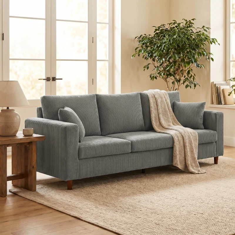 HOMCOM 3 Seater Sofa with Wide Seat, Corduroy Fabric Couch with Deep Seat, Spring Cushion, Light Grey