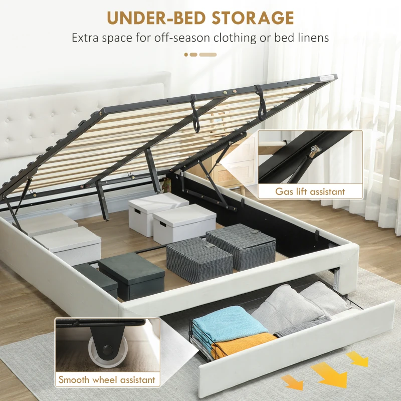 HOMCOM 4ft6 Double Ottoman Bed Frame, with Front Drawer - Cream
