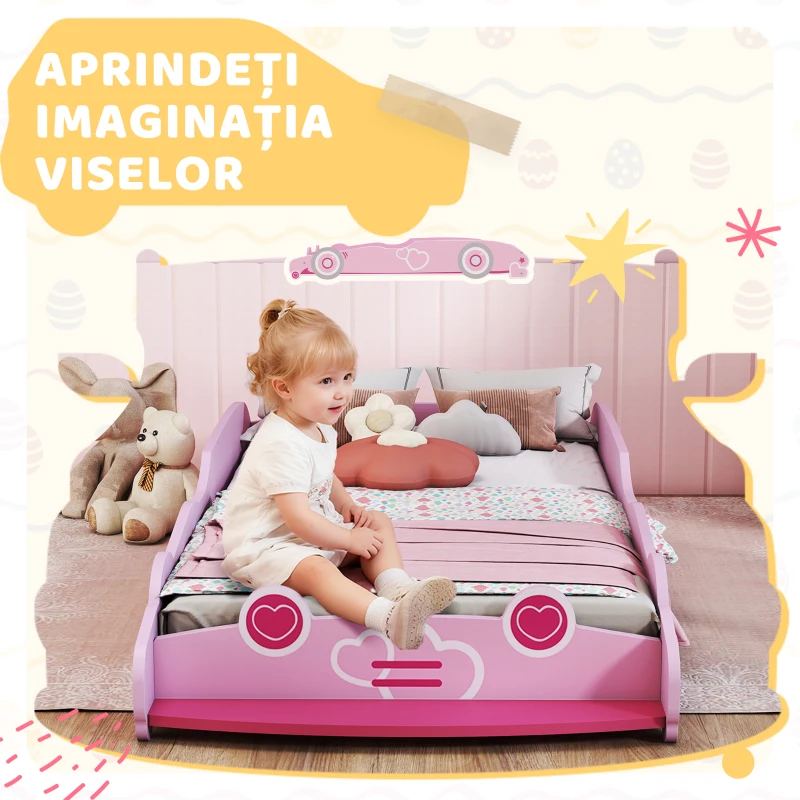 AIYAPLAY Pat pentru Copii de 3-5 Ani în Formă de Mașină cu Margini Ridicate de Siguranță, 140x70 cm, Roz