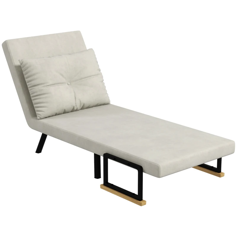 HOMCOM Fotoliu Pat 3 în 1 cu Spătar Reglabil și Pernă, din Material cu Efect de Catifea, 63x73x81 cm, Crem(m-12)