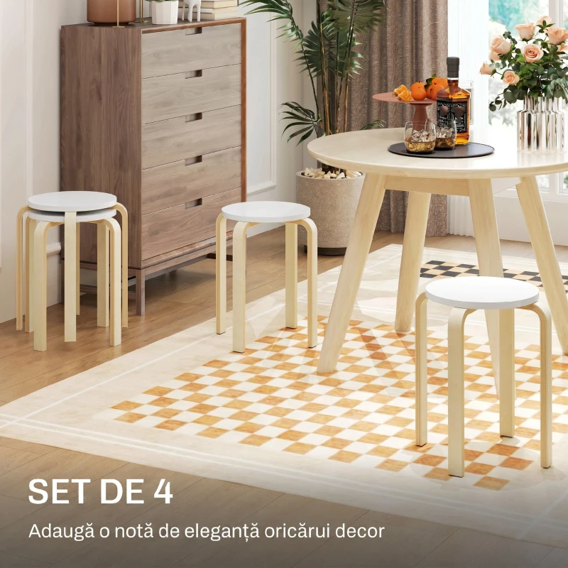HOMCOM Set 4 Taburete Rotunde Stivuibile din Lemn Alb, Ø40x45 cm